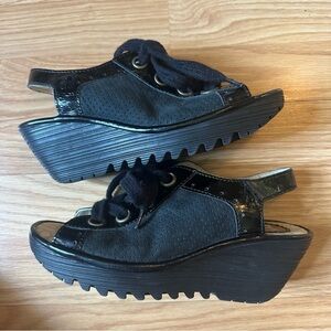 Fly London YLFA Black Leather Comfort Sling Back Wedge Sandals Women’s Size 38